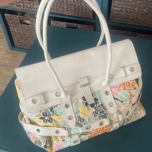Valerie Stevens, large white and floral handbag over the shoulder purse carryon
